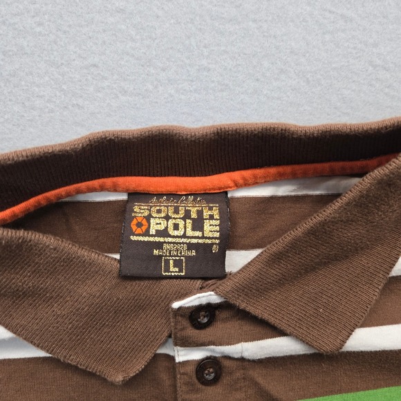 VTG Southpole Mens Striped Polo Shirt Brown Orange Green White Cotton Large Y2K - Picture 5 of 8